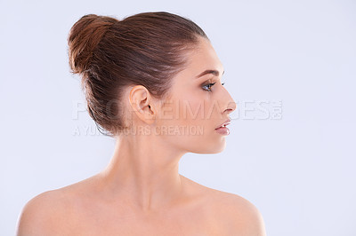 Buy stock photo Beauty, skincare and profile of woman with wellness, shine and benefits of facial cosmetics in studio. Dermatology, health and face of girl with natural makeup, glow and skin care on white background