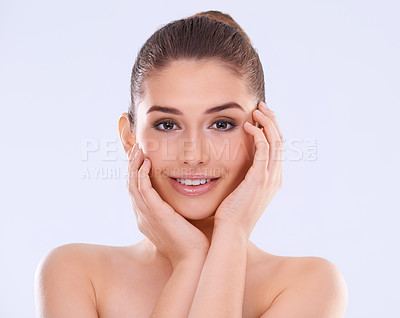 Buy stock photo Woman, hands on skin and portrait for beauty, happy with facial and wellness for dermatology on white background. Antiaging, treatment and natural cosmetics for skincare, smile and shine in studio