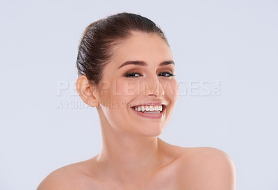 Buy stock photo Portrait, beauty and makeup with woman, smile and dermatology on white studio background. Face detox, person or model with shine, skincare and cosmetics with wellness or healthy skin with aesthetic