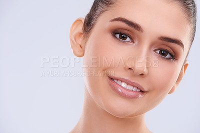 Buy stock photo Woman, skin and portrait for beauty, happy with facial and wellness for dermatology isolated on white background. Antiaging, treatment and natural cosmetics for skincare, smile and shine in studio
