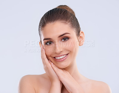 Buy stock photo Woman, hands and portrait for natural beauty, happy with facial and wellness for dermatology isolated on white background. Antiaging, treatment and cosmetics for skincare, smile and shine in studio