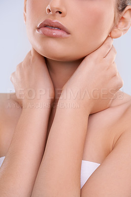 Buy stock photo Hands, face and lips with woman for beauty, makeup with shine and cosmetics isolated on white background. Skin, lipstick or balm for moisturizer, skincare and glow for wellness with closeup in studio