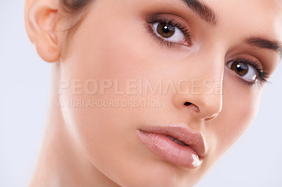 Buy stock photo Beauty, makeup and portrait of woman with facial, wellness or benefits of skincare in studio. Dermatology, luxury shine and girl with natural cosmetics, healthy glow and skin care on white background