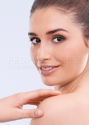 Buy stock photo Portrait, beauty and makeup with woman, cosmetics and dermatology on white studio background. Face detox, person or model with shine, skincare and glowing with wellness or healthy skin with grooming