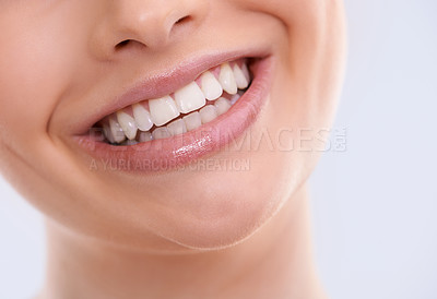 Buy stock photo Teeth, mouth and woman with smile for dental, health and orthodontics with skin on white background. Oral hygiene, closeup for wellness and happy with veneers, dentist treatment and shine in studio
