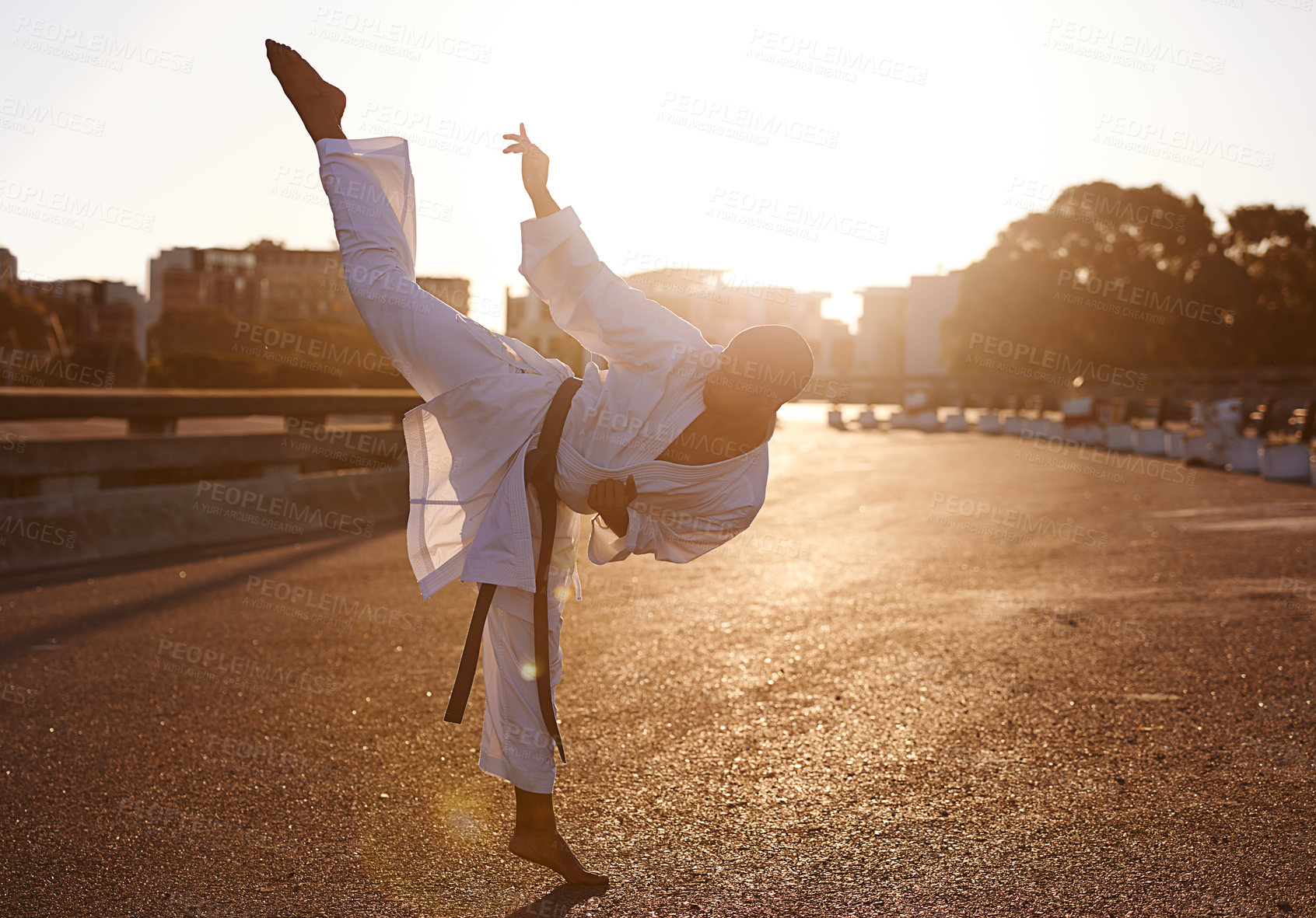 Buy stock photo A young karate professional practicing while wearing a gi