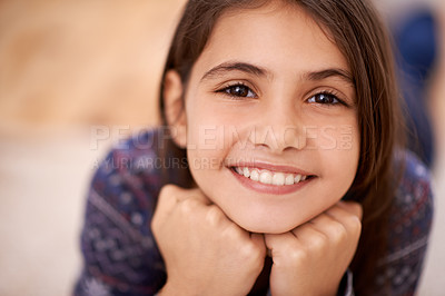 Buy stock photo Portrait of a cute little girl enjoying a day at home