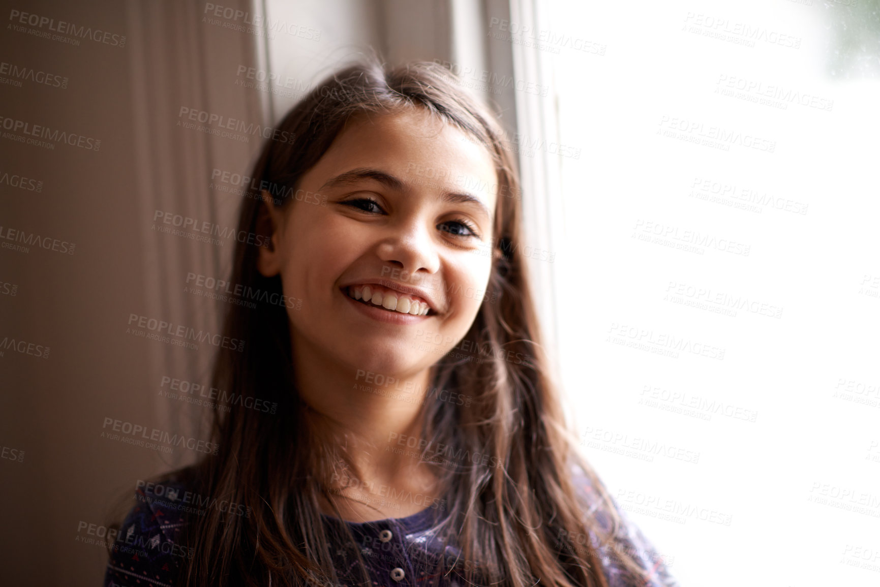 Buy stock photo Portrait of a cute little girl at home
