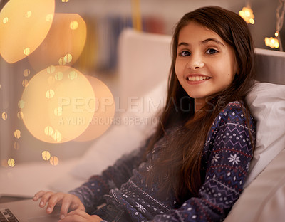 Buy stock photo Portrait, night or kid with laptop for streaming, playing games and watching videos on a movie website. Smile, house or happy child with technology to download online or social media app to relax