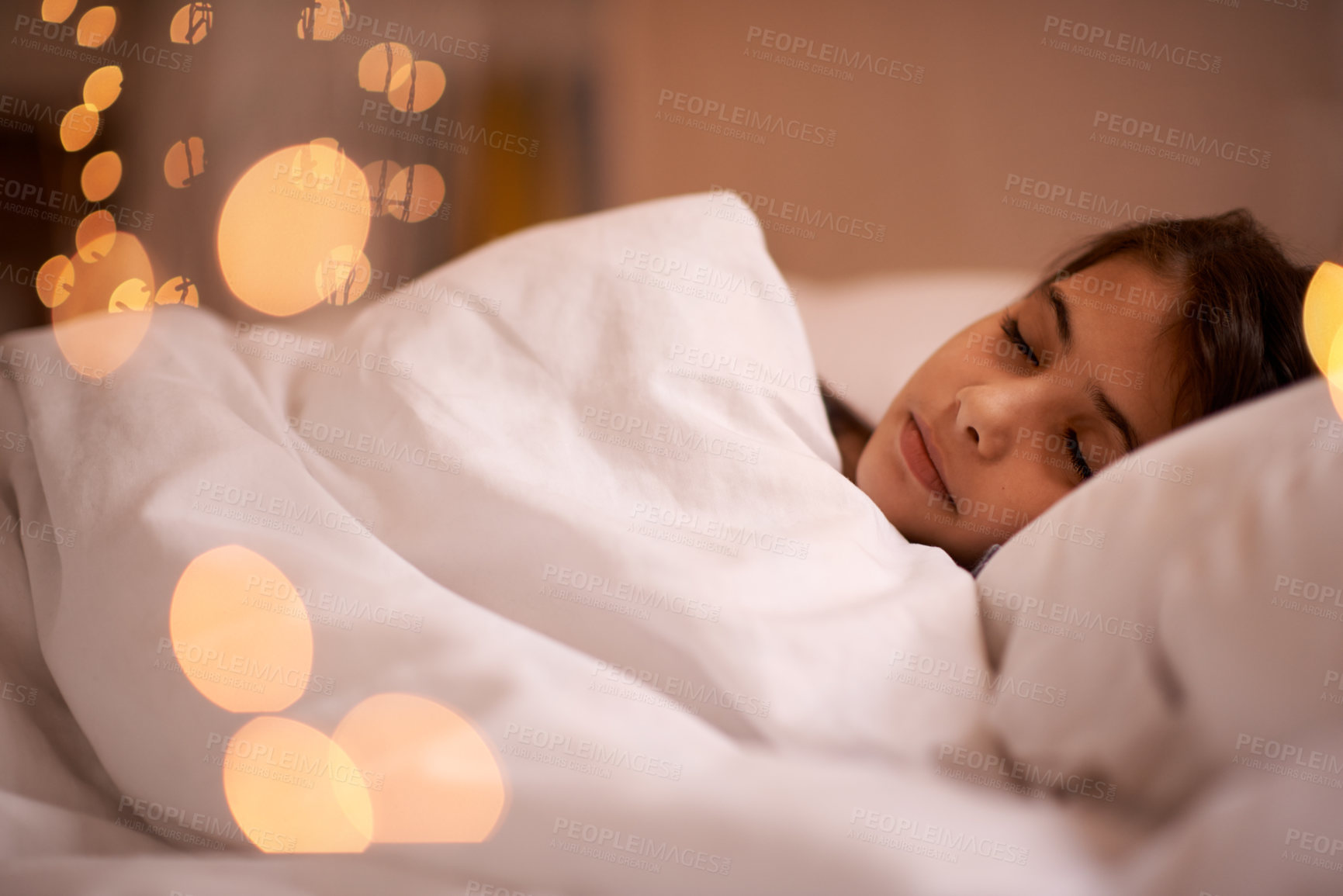 Buy stock photo Sleeping, peace and girl child relax in a bed with comfort, dreaming or resting at home. Sleep, dream or calm female kid person in a bedroom for vacation, holiday or nighttime quiet snooze in a house
