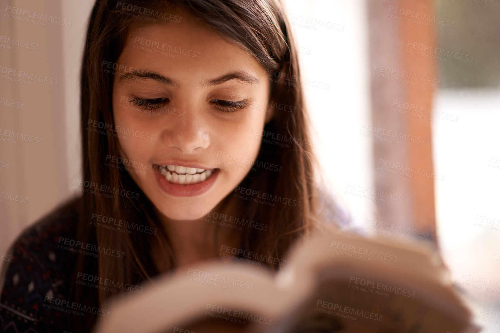 Buy stock photo Children, education and girl with a book in her home for reading, research or storytelling practice for class assignment. Learning, knowledge or kid school student with notebook, study or development
