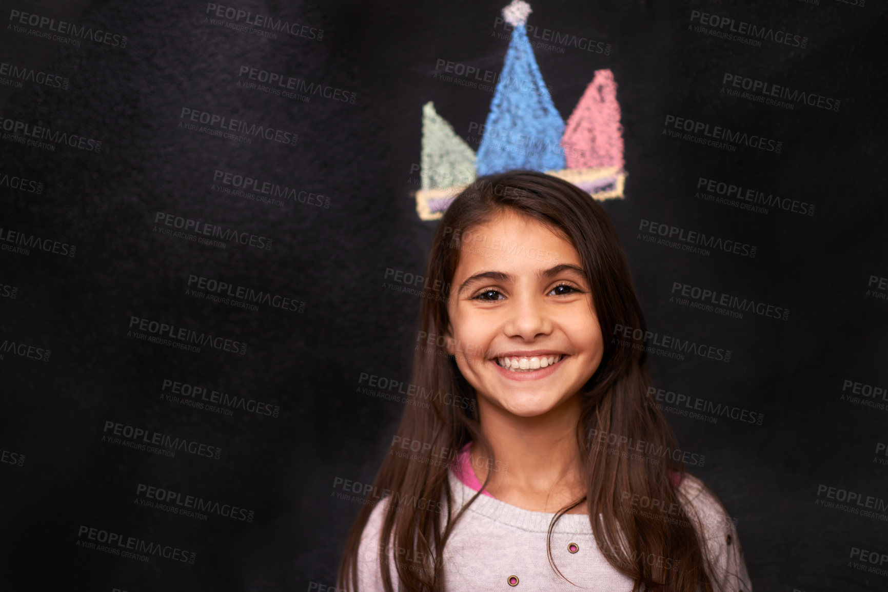 Buy stock photo Chalk art, portrait or girl with crown on blackboard for drawing, imagine or future fantasy on dark background. Queen, kid and sketch of royalty, princess or picture for school, project or assignment