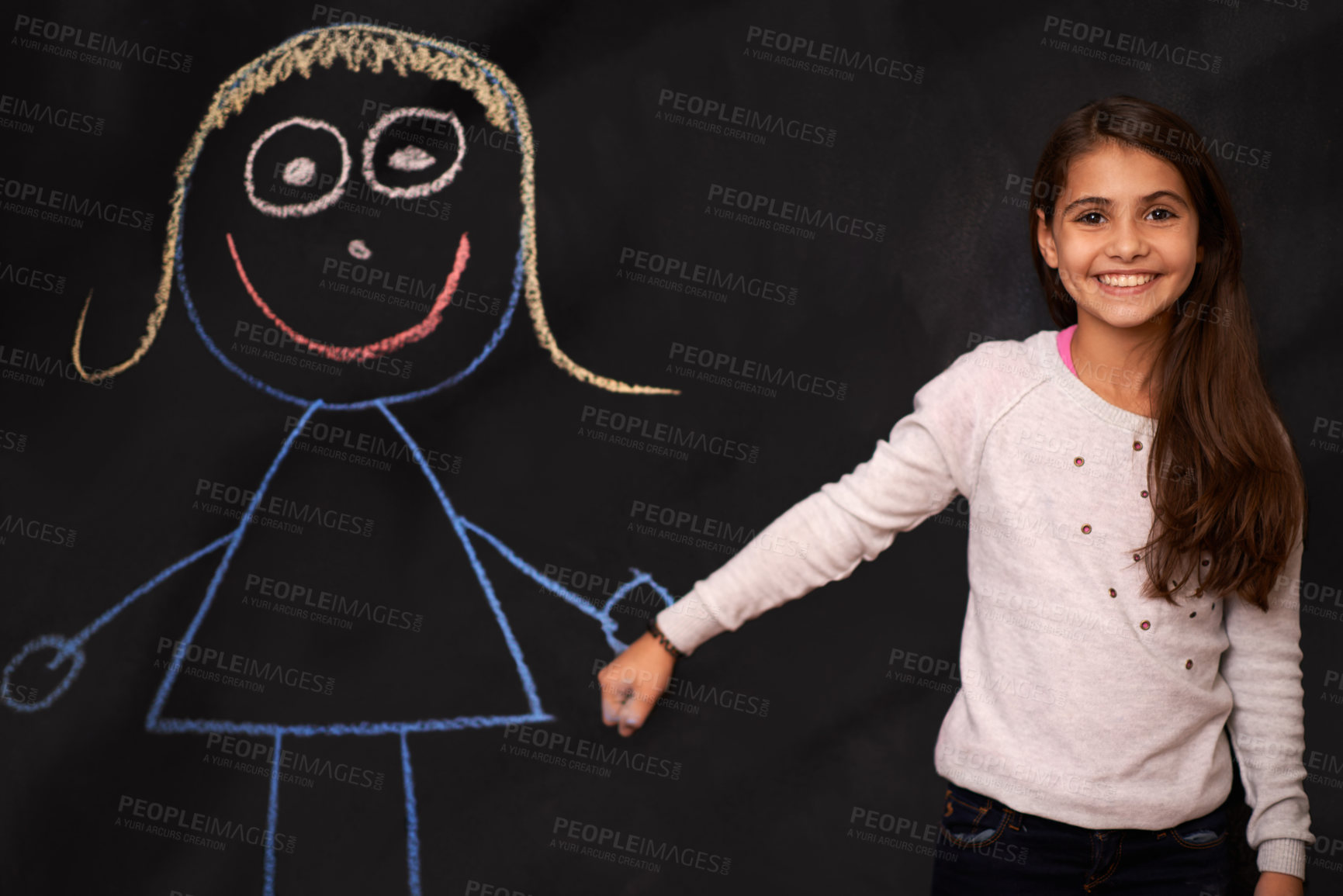 Buy stock photo Blackboard, children or girl holding hands with art, drawing or picture of imaginary friend on dark background. Fantasy, creative or kid person with chalk sketch, dream or school homework assignment
