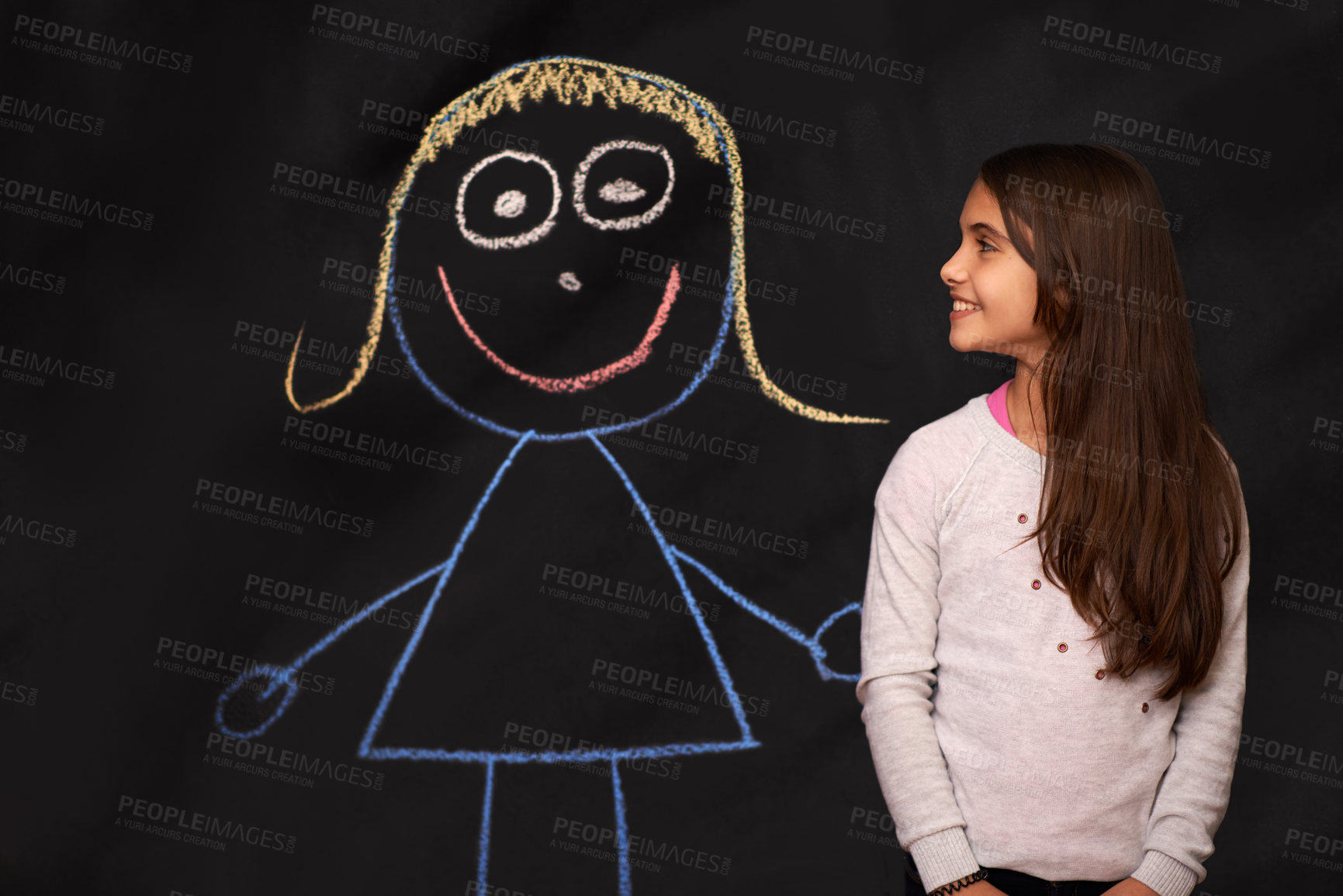 Buy stock photo Blackboard, children and girl with chalk art, drawing or picture of imaginary friend on dark background. Fantasy, creative or kid person with companion sketch, dream or school, homework or assignment