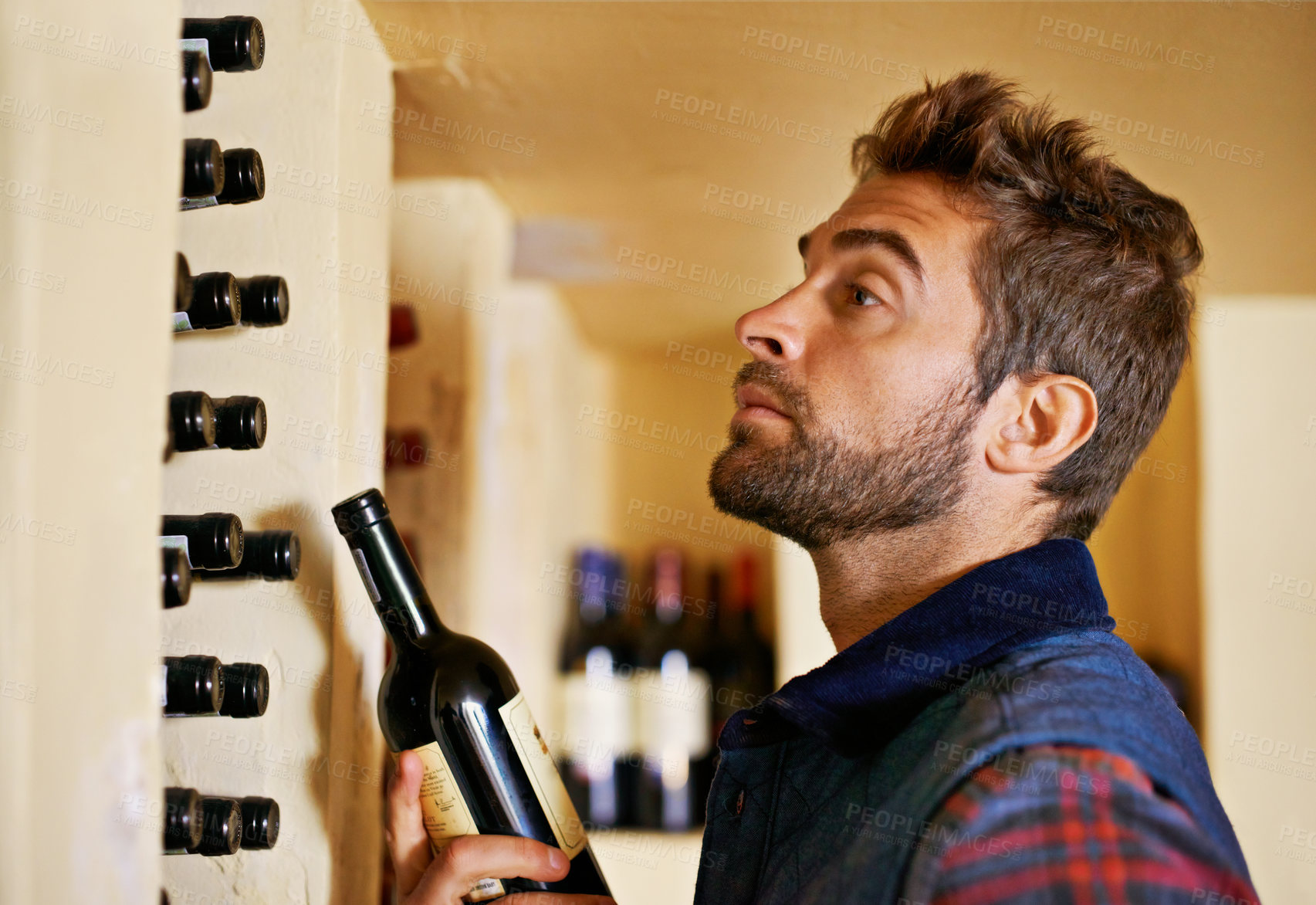 Buy stock photo Wine cellar, man and rack with alcohol, bottle and drink choice of sommelier and inventory check. Winery, glass and shelf with shop worker with a vintage selection of liquor at a store or restaurant