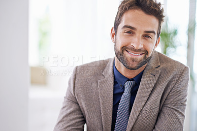 Buy stock photo Businessman, portrait and positive in professional career in office and employee with ambition in workplace. Hr consultant, happy and face for job satisfaction as recruiter and young person at work
