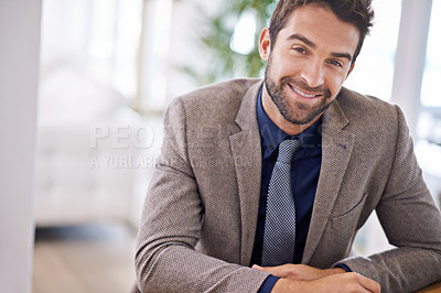 Buy stock photo Businessman, portrait and positive in professional office and corporate career with ambition in workplace. Hr consultant, happy and face for job satisfaction as recruiter and smile face in company