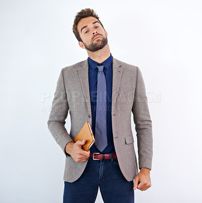 Buy stock photo Businessman, portrait and fashion for confidence in studio and notebook with ambition for work proposal. Hr consultant, happy and face for job satisfaction in startup and planning by grey background