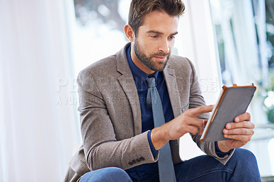 Buy stock photo Business man, tablet and digital in office with online calendar, planning app and research for project. Reading, electronic contract and search the internet with browsing, info and agenda with tech