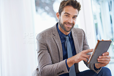 Buy stock photo Business man, tablet and portrait with online schedule, digital calendar or planning app with research for project. Electronic contract, internet search and browsing, information and agenda with tech