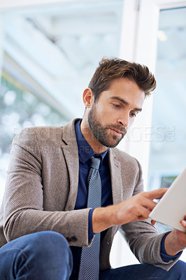 Buy stock photo Business man, tablet and online in office with digital calendar, planning app and research for project. Reading, electronic contract and search the internet with browsing, info and agenda with tech