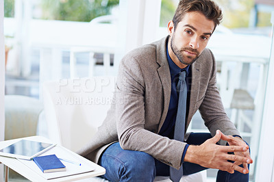 Buy stock photo Businessman, portrait and technology in office for productivity and tablet for work in company. Hr consultant, positive and face with touchscreen and notebook and planning with connectivity in chair