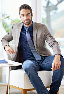 Buy stock photo Businessman, portrait and confident in office chair and relax for planning in workplace. Entrepreneur, positive and face for job satisfaction with ambition and notebook for startup proposal by desk
