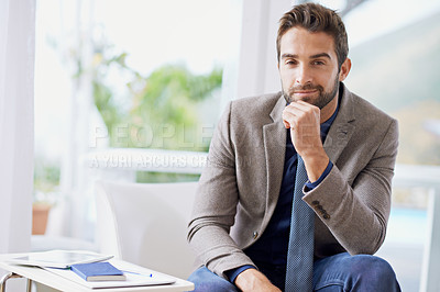 Buy stock photo Businessman, portrait and thinking of professional career in office and happy with growth in workplace. Hr consultant, positive and face for productivity by tablet and notebook for online research