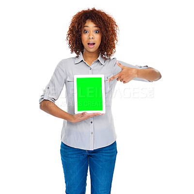 Buy stock photo Woman, point and green screen tablet in studio for social media app, review and mockup by white background. Isolated african lady, model and touchscreen for web design job, space and surprise face