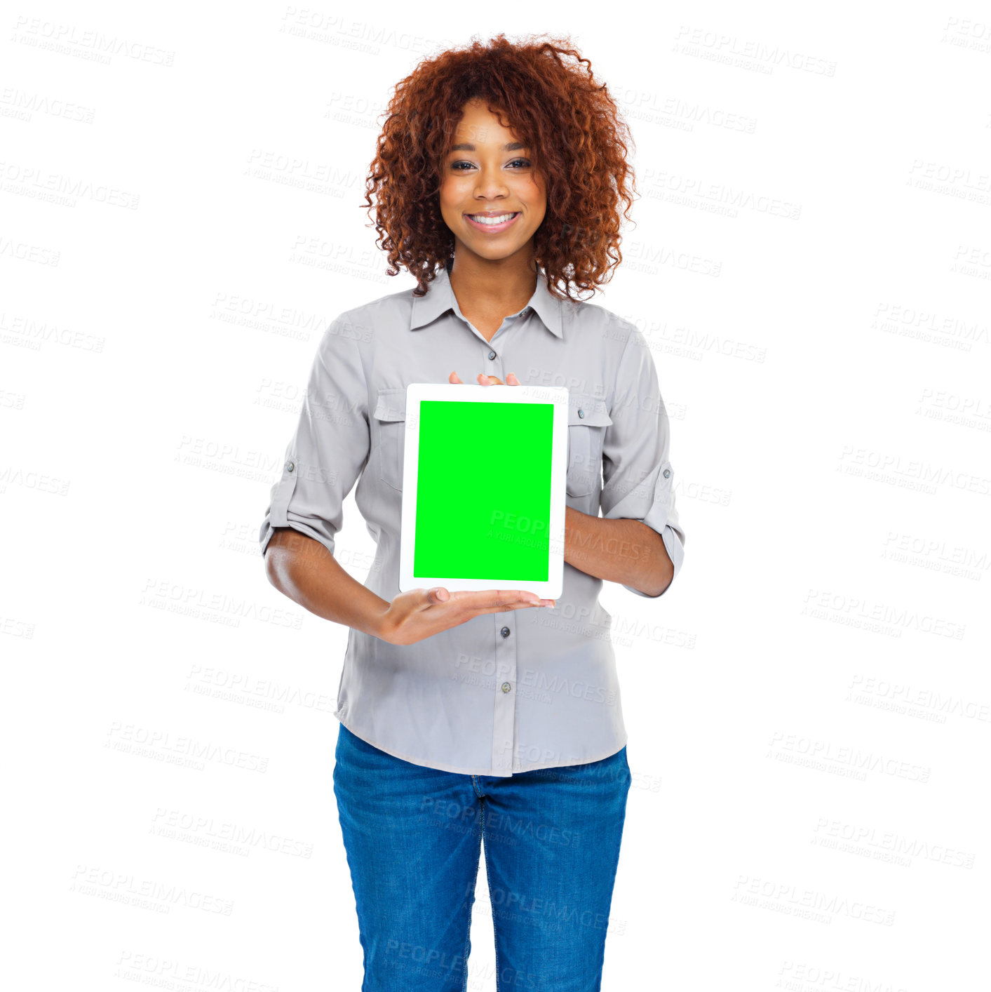Buy stock photo Shot of a young woman using a digital tablet isolated on white