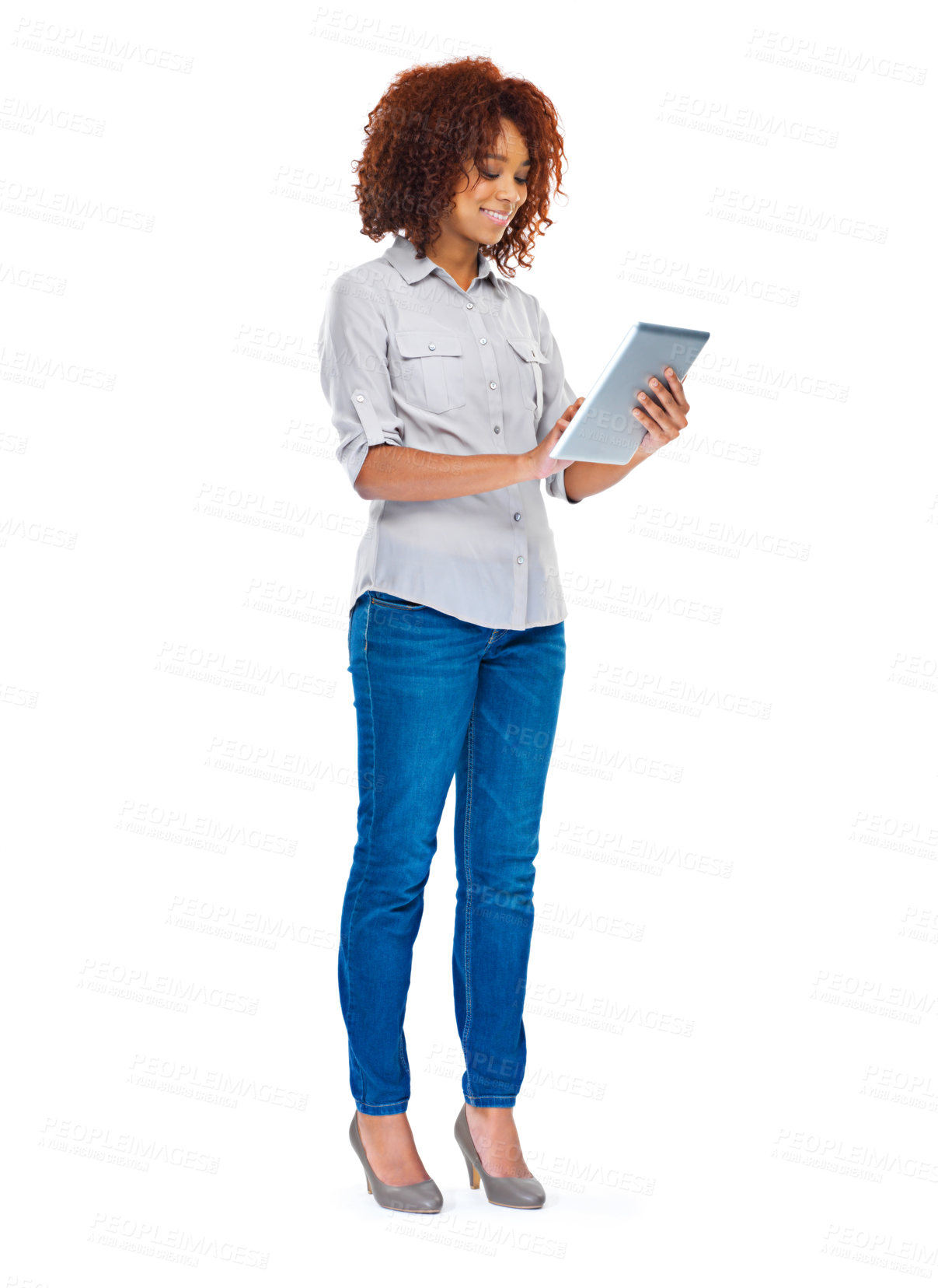 Buy stock photo Isolated woman, texting and tablet in studio for social media app, contact and communication by white background. Young african lady, model and touchscreen for web design job, smile and connectivity