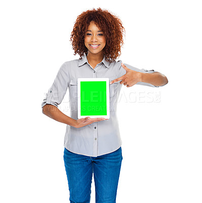 Buy stock photo Woman, pointing and green screen tablet in studio for social media app, review and mockup by white background. Isolated african lady, model and portrait for web design job, space and smile for promo