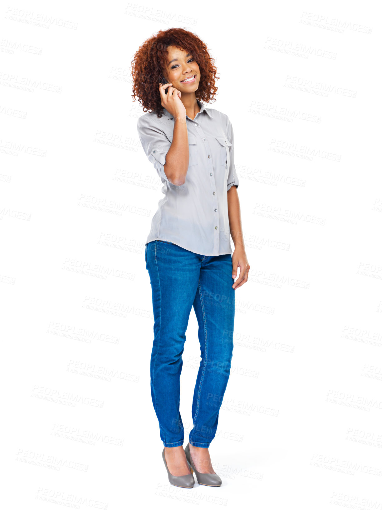 Buy stock photo Phone call, fashion and portrait of woman on a white background for contact, online chat or talk. Work, career and isolated person on cellphone for communication, networking and connection in studio