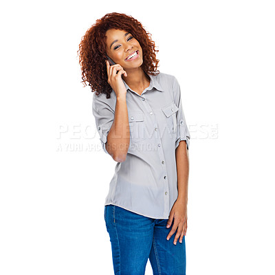 Buy stock photo Phone call, happy and portrait of woman on a white background for contact, online chat or speak. Talking, smile and isolated person on cellphone for communication, networking and connection in studio