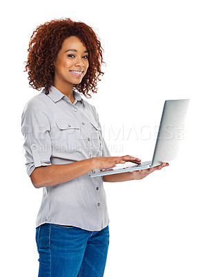 Buy stock photo A beautiful young  woman holding a laptop against a white background