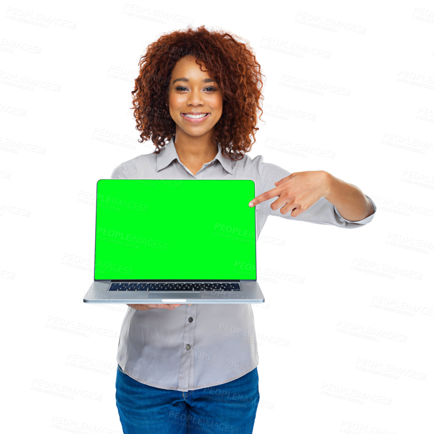 Buy stock photo Laptop, green screen or woman face with hand pointing in studio for social media mockup on white background. Computer, space or female student show online, sign up or elearning, registration or app