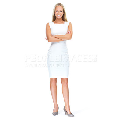 Buy stock photo Corporate fashion, body portrait of woman with smile and dress isolated on white background. Business ceo, leadership and beauty, confident happy woman or startup company manager standing in studio.
