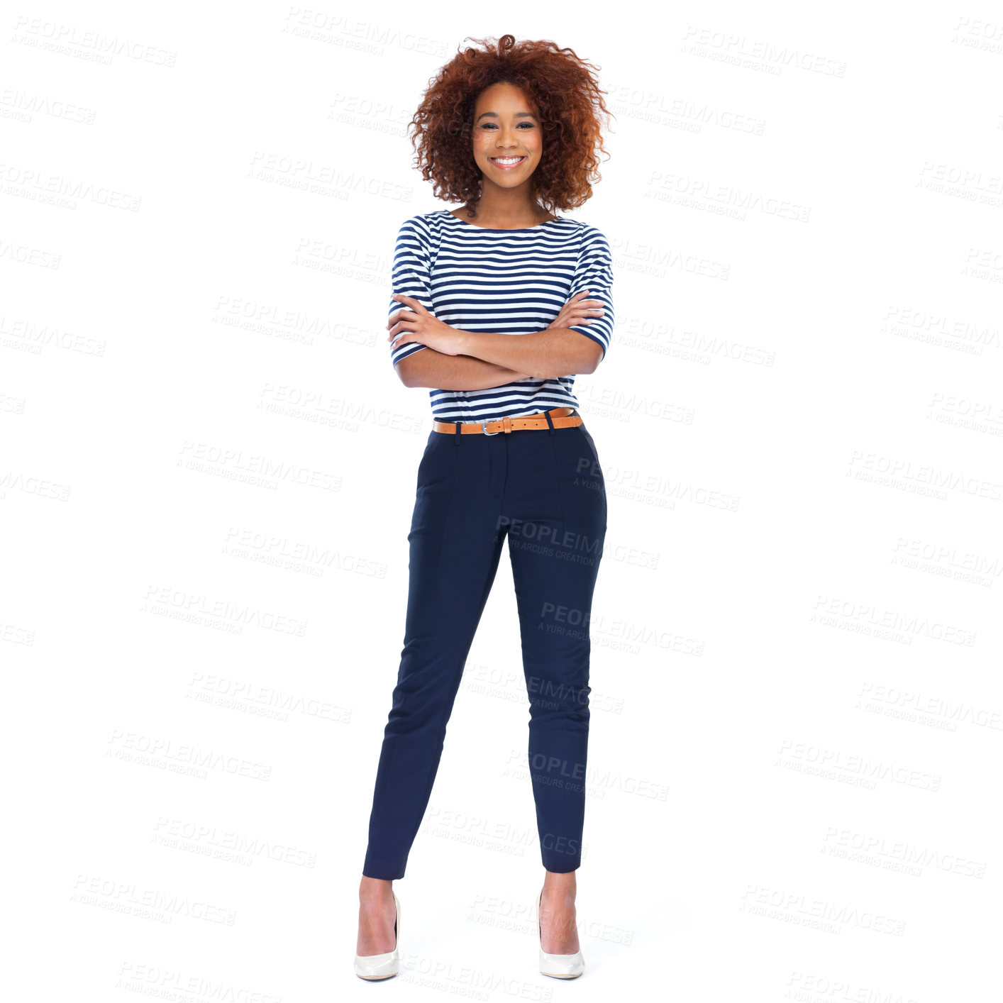 Buy stock photo Portrait, arms crossed and young black woman in studio, white background or isolated pose. Happy female model, trendy fashion and casual outfit style with afro, motivation and happiness of confidence