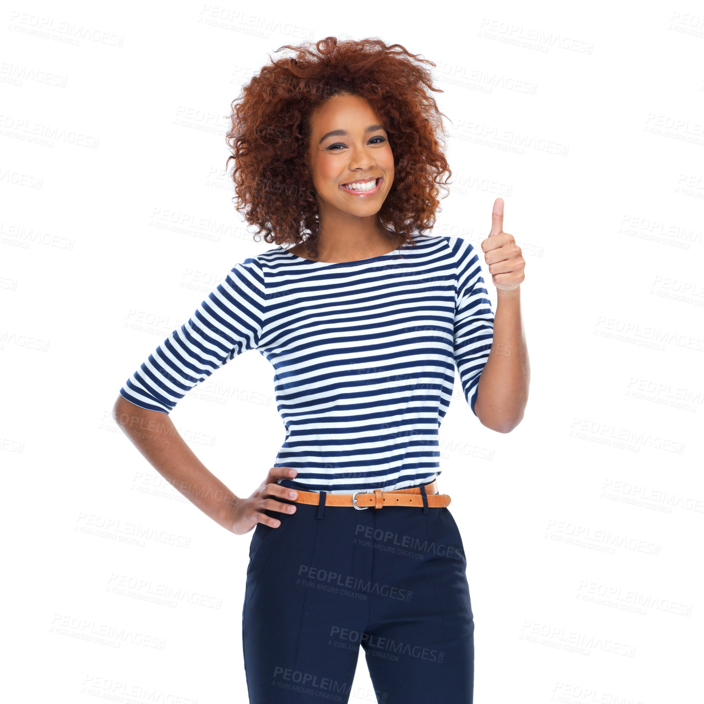 Buy stock photo Thumbs up, happy and portrait of a black woman in a studio with a casual, stylish and cool outfit. Fashion, smile and African female model with an approval gesture isolated by a white background.