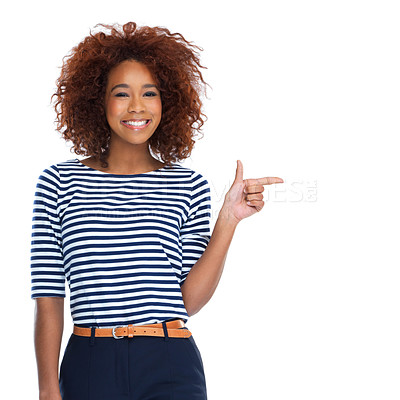 Buy stock photo Mockup, portrait and black woman, pointing or happy with female isolated on white studio background. African American girl, lady or gesture for brand development, advertising and creative on backdrop