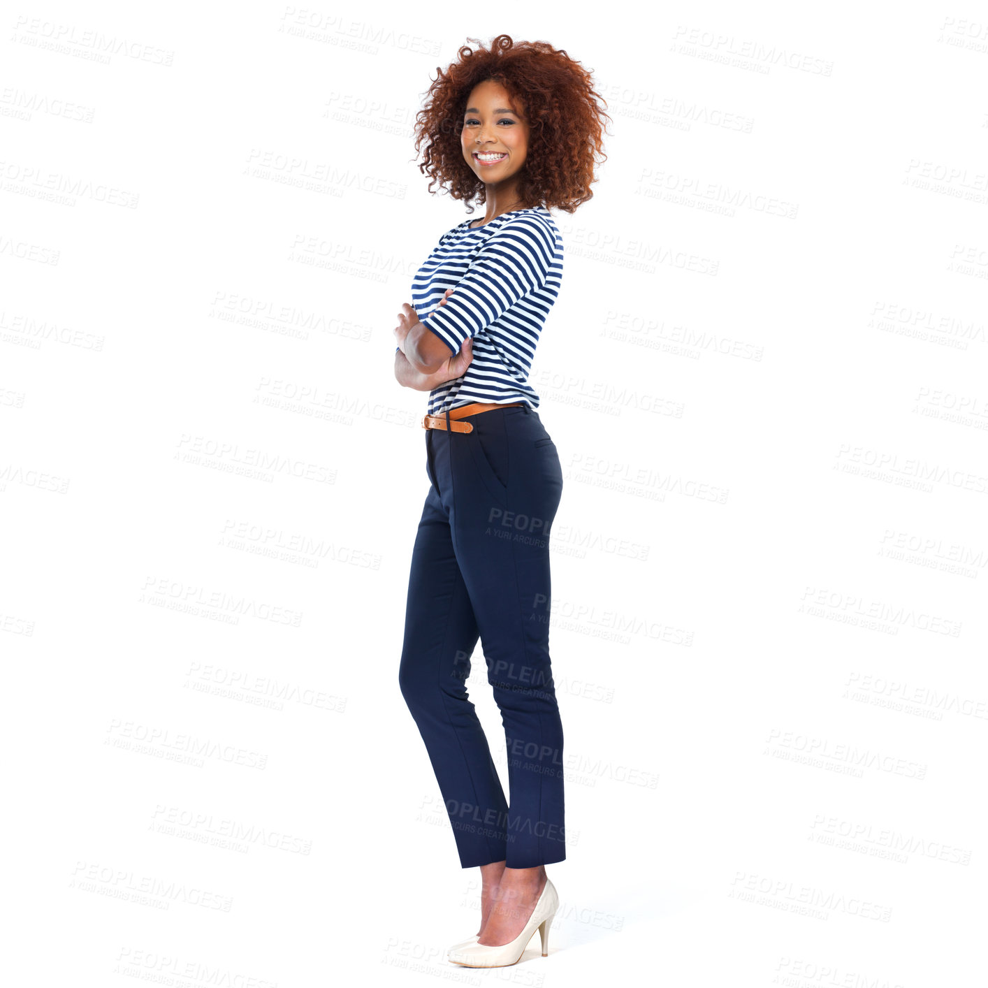 Buy stock photo Portrait, black woman and arms crossed with smile, fashion and stylish girl isolated on white studio background. African American female, young lady or gesture for confidence, casual outfit and happy
