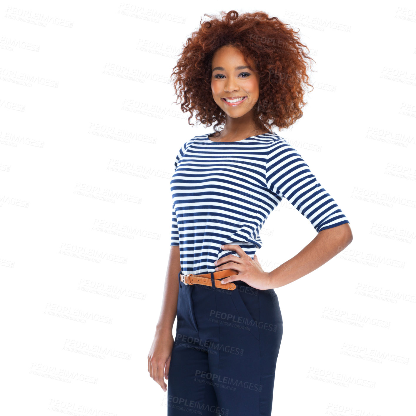 Buy stock photo Portrait, smile and black woman in studio, white background and isolated pose. Happy female model, trendy fashion and casual outfit style with afro, motivation and happiness of confident empowerment