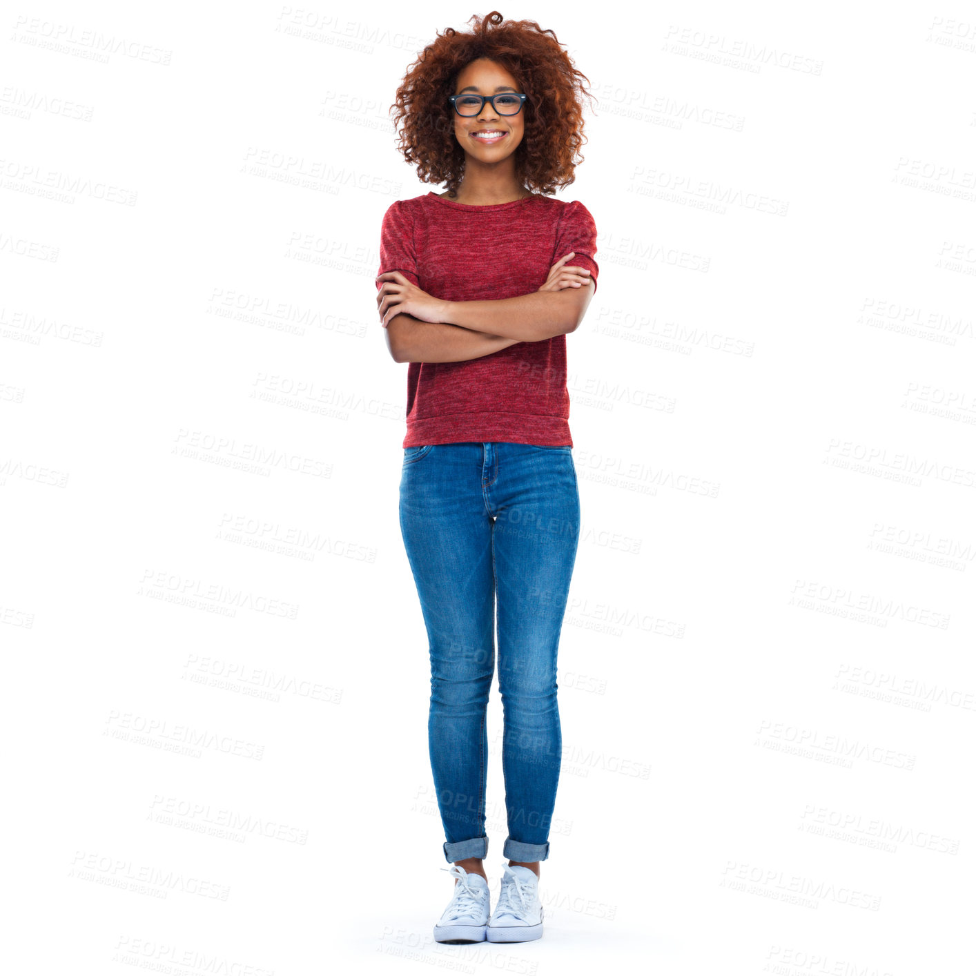 Buy stock photo Black woman, happy and model portrait of a person with casual fashion, glasses and white background. Isolated, natural hair and african woman arms cross with happiness and smiling with mock up space 