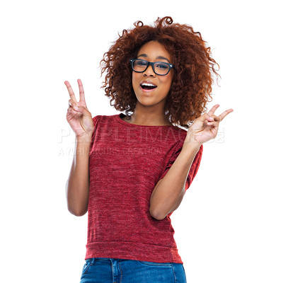 Buy stock photo Portrait, peace and emoji with a model black woman excited in studio isolated on a white background. Social media, good news and hand sign with a female feeling surprised with a wow expression