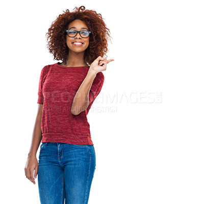 Buy stock photo Happy woman, portrait or pointing at promotion, marketing advertising space or product placement mock up. Smile, happy or excited model with showing hand gesture for fashion sales on white background