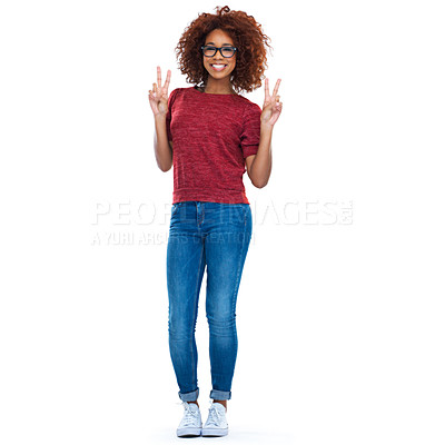 Buy stock photo Portrait, peace sign and emoji with a black woman in studio isolated on a white background with a hand gesture. Comic, social media and a happy young female posing on blank advertising space