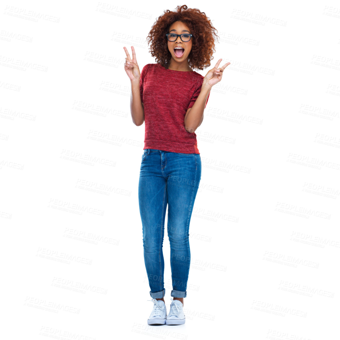 Buy stock photo Portrait, peace and hand sign with a black woman in studio isolated on a white background for social media. Comic, emoji and gesture with a happy young female posing on blank advertising space