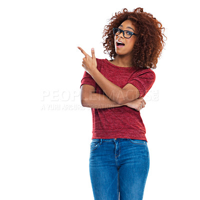 Buy stock photo Black woman, pointing finger and studio with wow, beauty or casual clothes by white background. Woman, happy isolated model and hand sign for fashion, jeans and glasses on face for surprise with afro