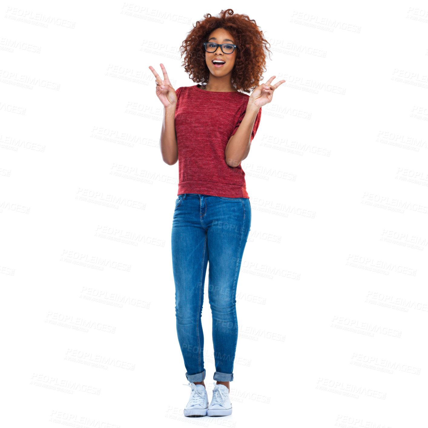 Buy stock photo Portrait, peace and emoji with a black woman in studio isolated on a white background with a hand sign. Comic, social media and gesture with a happy young female posing on blank advertising space