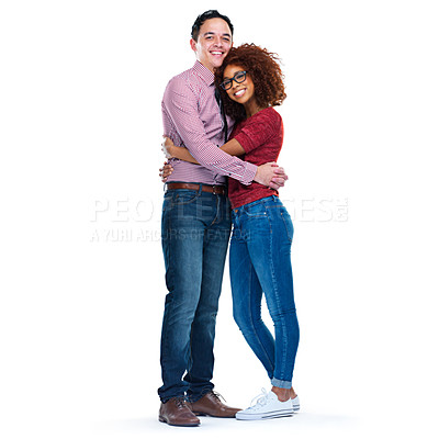 Buy stock photo Happy couple, love and portrait of a hug, care and support while isolated on white background together. Interracial man and woman with free space for advertising happiness, marriage and partnership